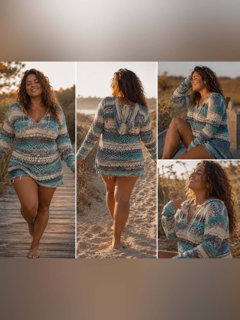 Roxy Crochet Hooded Beach Cover-Up Sweater XL Boho Festival Coastal Knit